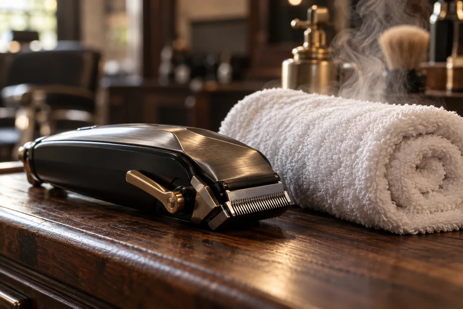 Close-up of barber clippers resting beside a folded hot towel