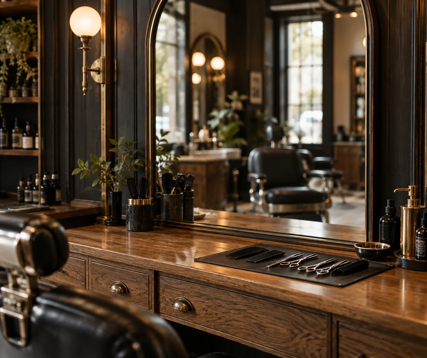 A warm wood barber station with brass fixtures and a vintage mirror